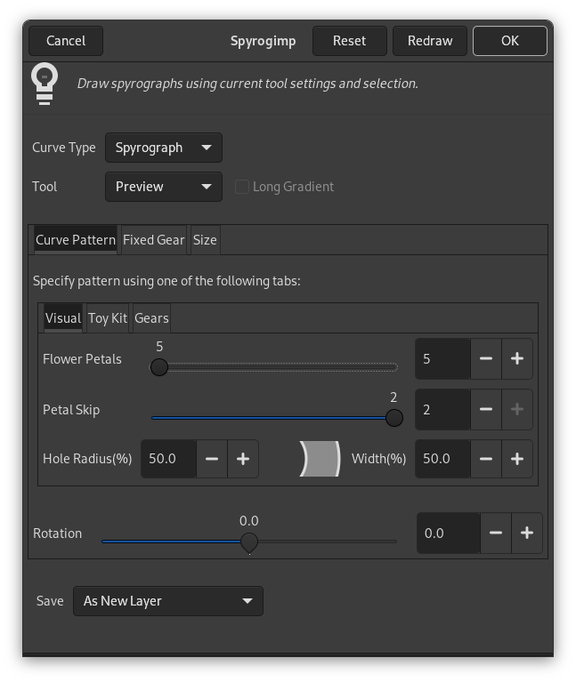 “Spyrogimp” filter options (Curve Pattern)