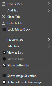 The Tab menu of the Layers dialog.