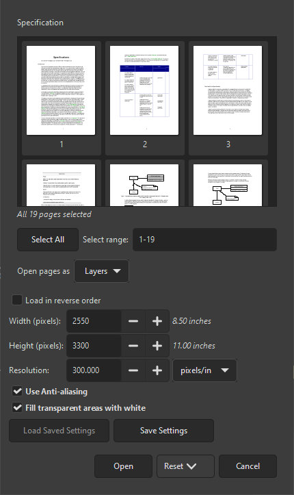 The PDF Import dialog