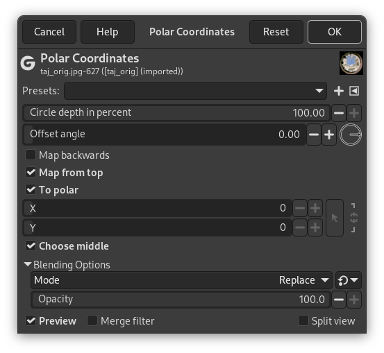 Opzioni del filtro «Coordinate polari»
