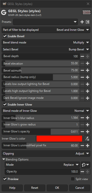 «Bevel and Inner Glow» filter options