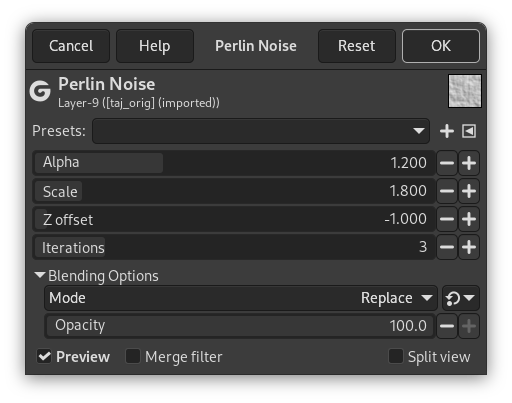 Opzioni del filtro «rumore Perlin»