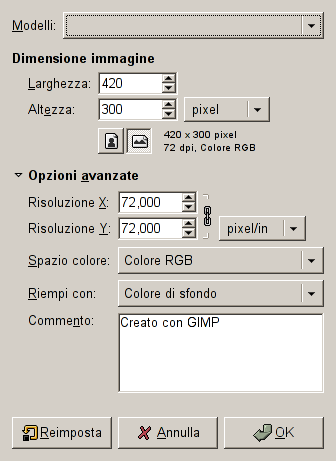 La finestra di dialogo «Crea una nuova immagine»