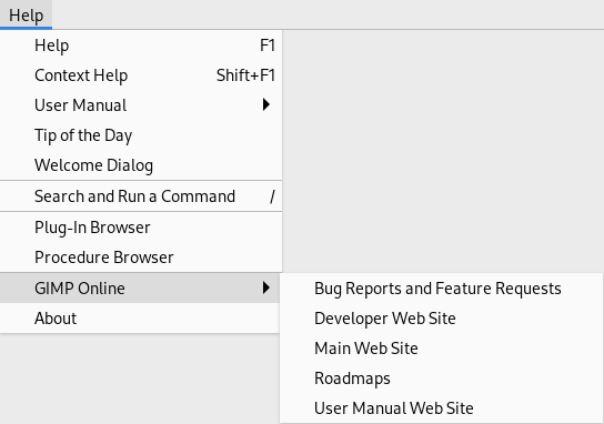 Il sottomenu «GIMP Online» del menu Aiuto