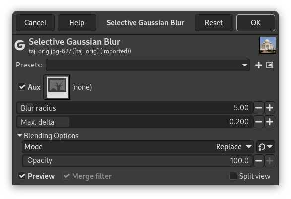 Configuració dels paràmetres del filtre «Gaussià selectiu»