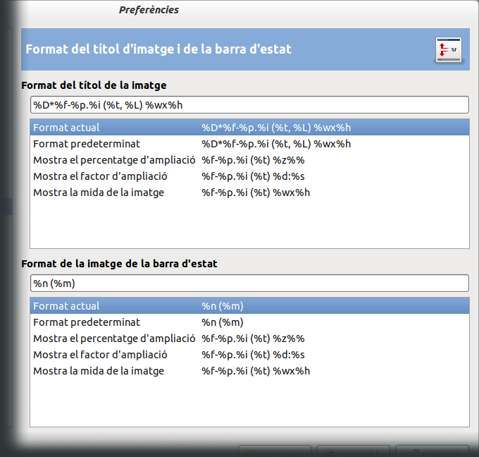 Preferències del títol de la imatge i del format de la barra d'estat