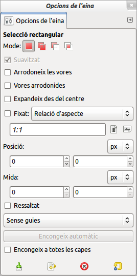 Diàleg d'opcions de l'eina