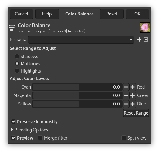 Indstillinger for Farvebalance