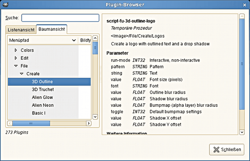 Das Dialogfenster des „Plugin-Browsers“ (Baumansicht)