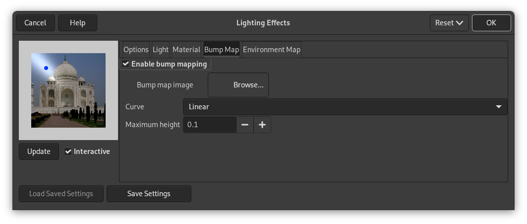 Opciones del filtro “Iluminación” (mapa de relieve)