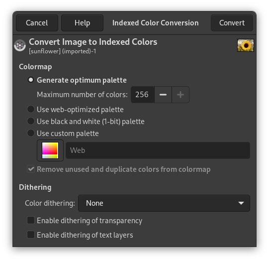 The ”Convert Image to Indexed Colors” dialog
