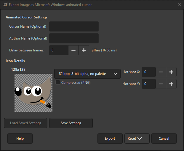 La finestra di Esportazione cursore animato di Microsoft Windows