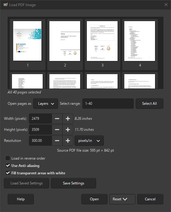 Finestra di importazione PDF