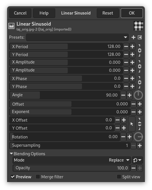 Finestra opzioni del filtro «Sinusoide linerare»