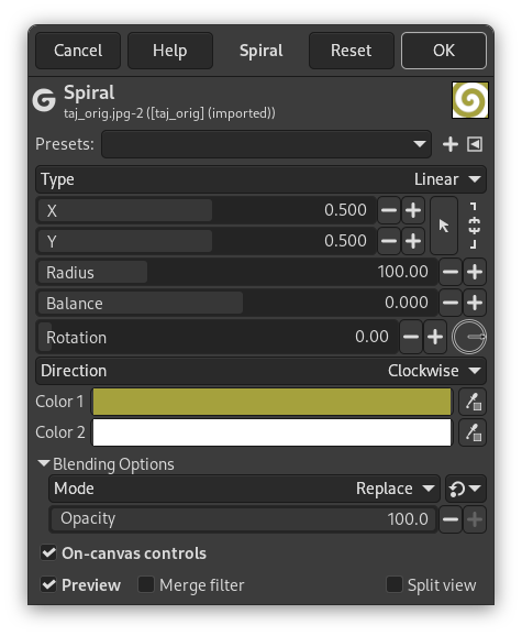 Finestra opzioni del filtro «Spirale»