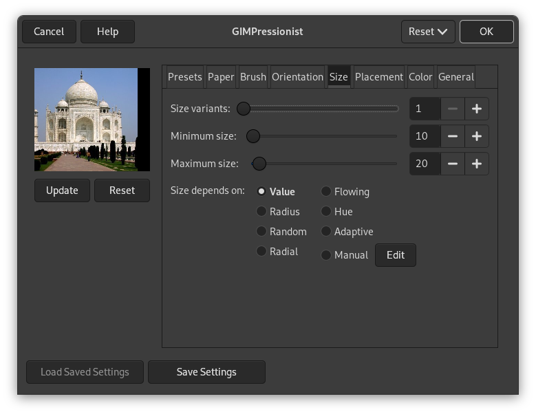 Size tab options