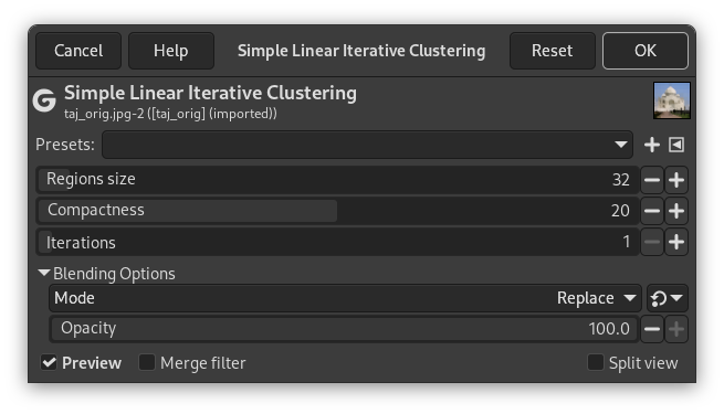 Simple Linear Iterative Clustering options
