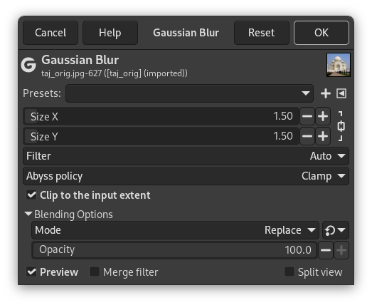 Gaussian filter parameters settings