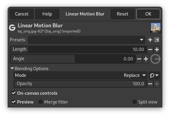 Linear Motion Blur filter options