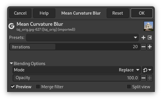 Mean Curvature Blur filter parameters
