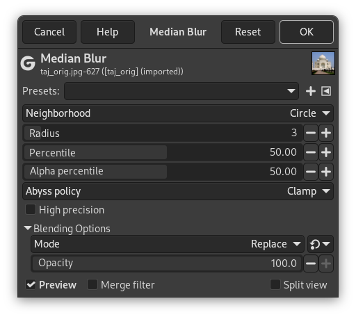 Median filter parameters
