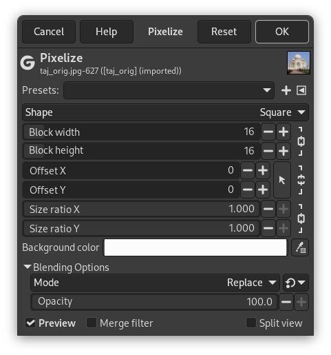 Pixelize filter options