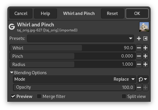 Whirl and Pinch filter options