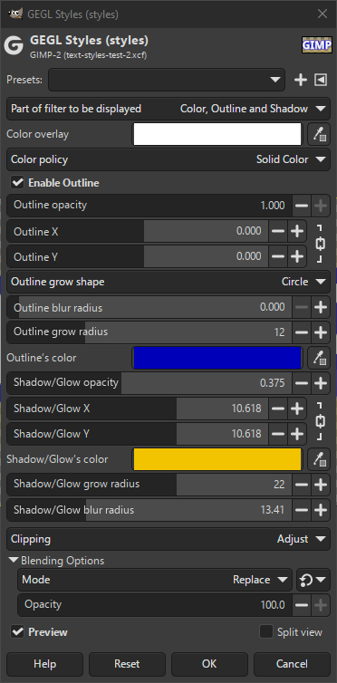 Text Styling filter options