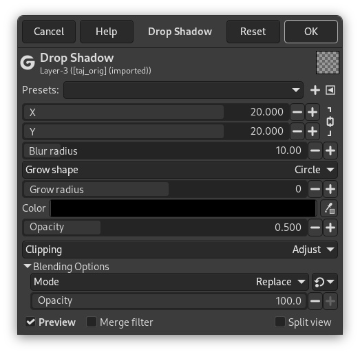 Drop Shadow filter options