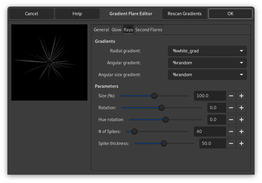 Gradient Flare Editor options (Rays)