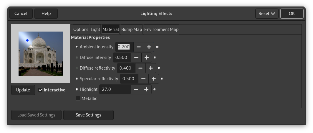 Lighting filter options (Material Properties)