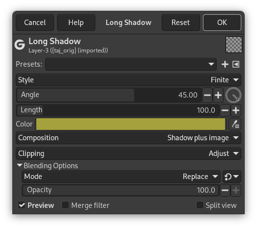 Long Shadow filter options