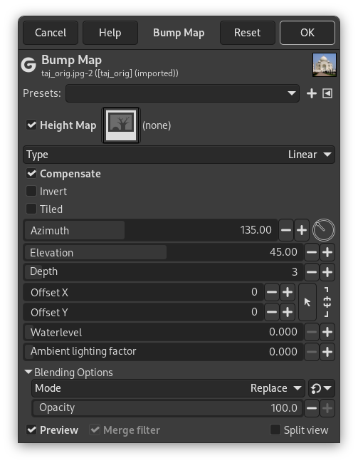 Bump Map filter options