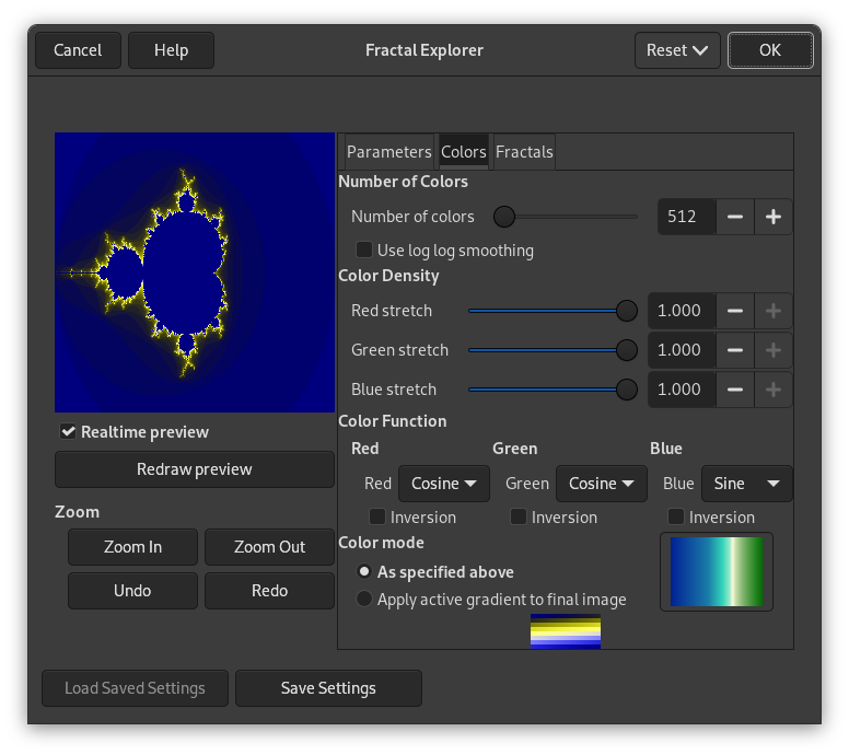 Fractal Explorer filter options (Colors)