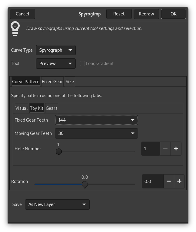 Spyrogimp filter options (Curve Pattern)