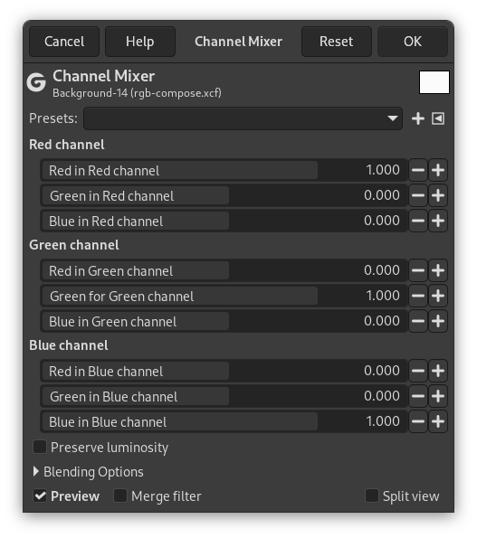Channel Mixer command options