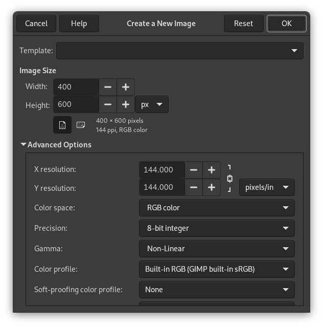 The Create a New Image dialog