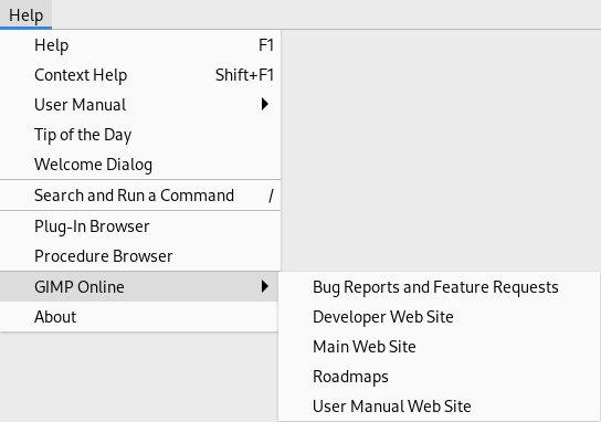The GIMP Online submenu of the Help menu
