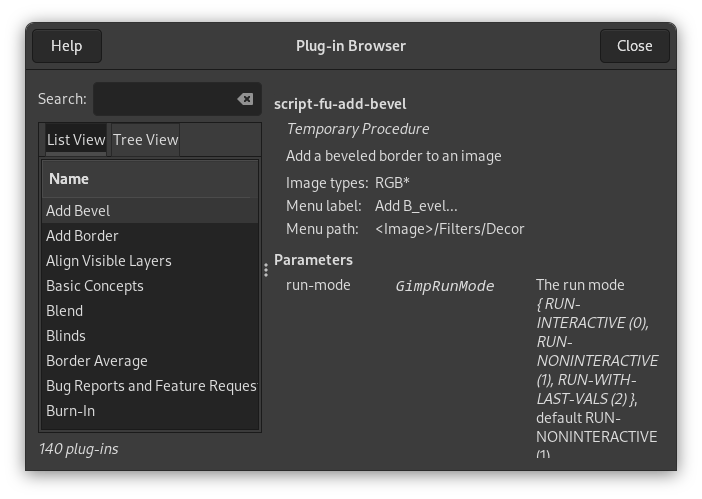 The list view of the Plug-In Browser dialog window