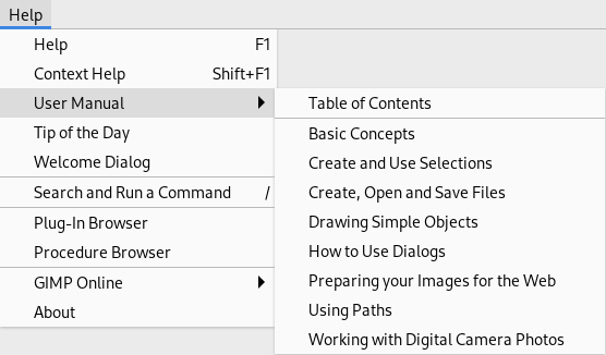 The User Manual submenu of the Help menu