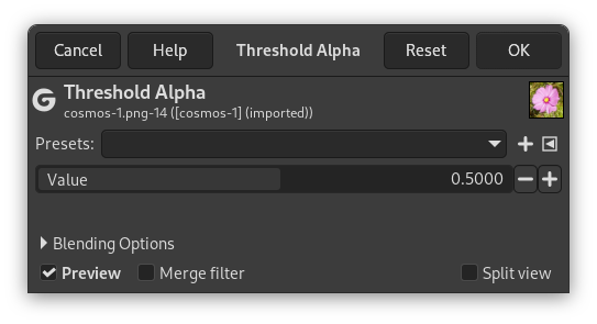 The Threshold Alpha filter options dialog