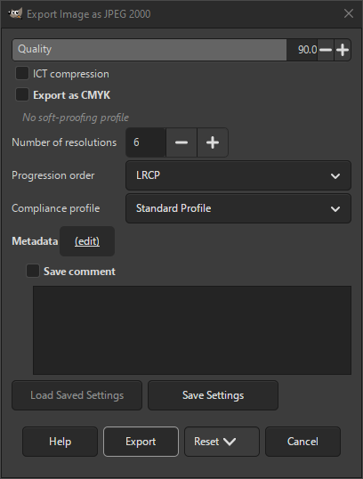 The JPEG 2000 Export dialog