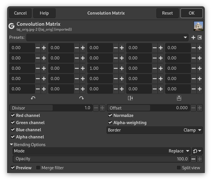 «Convolution matrix» options
