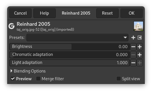 Het dialoogvenster van het filter “Reinhard 2005”