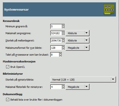 Innstillingar for systemresursar