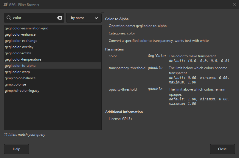 The „GEGL Filter Browser“ dialog window