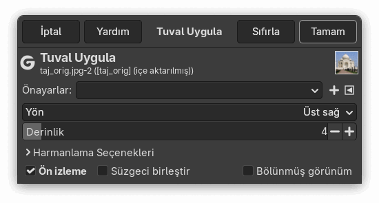 “Tuval Uygula” seçenekleri