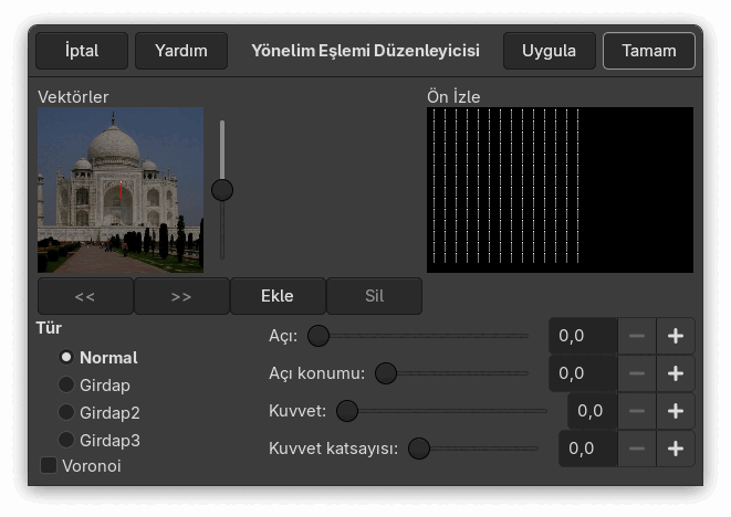 “Yönelim Eşlemi Düzenleyisi” iletişim kutusu seçenekleri