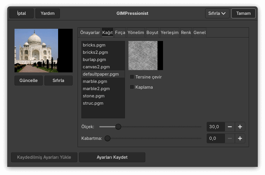 “Kağıt” sekmesi seçenekleri