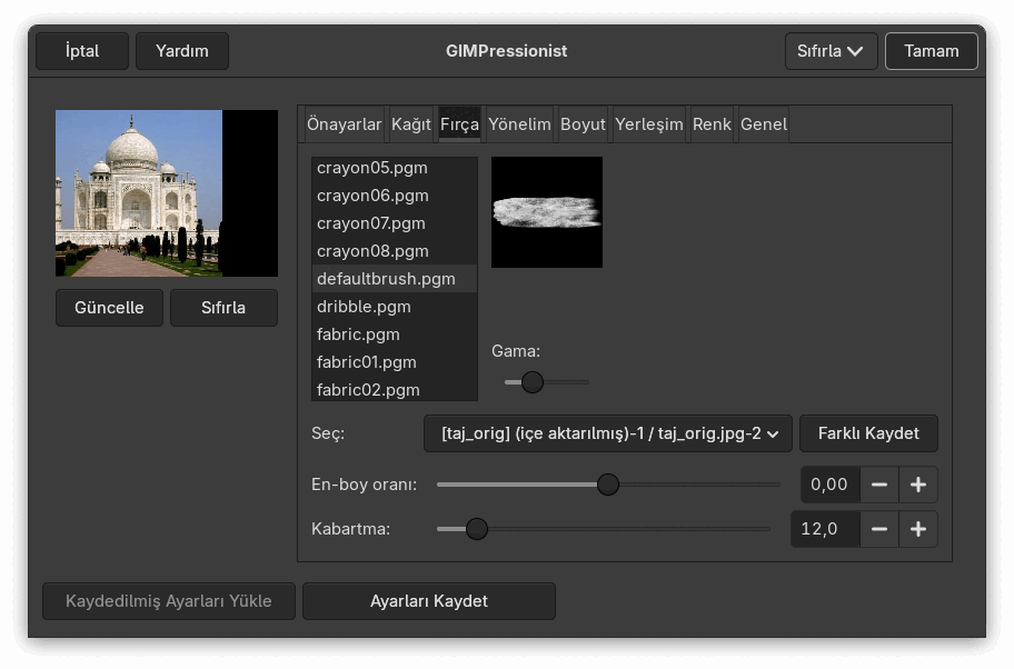 “Fırça” sekmesi seçenekleri